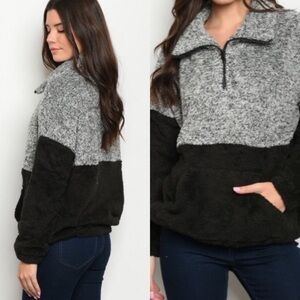 Winter Sherpa Style Black & Grey Fuzzy Quarter Zip Pullover Sweatshirt